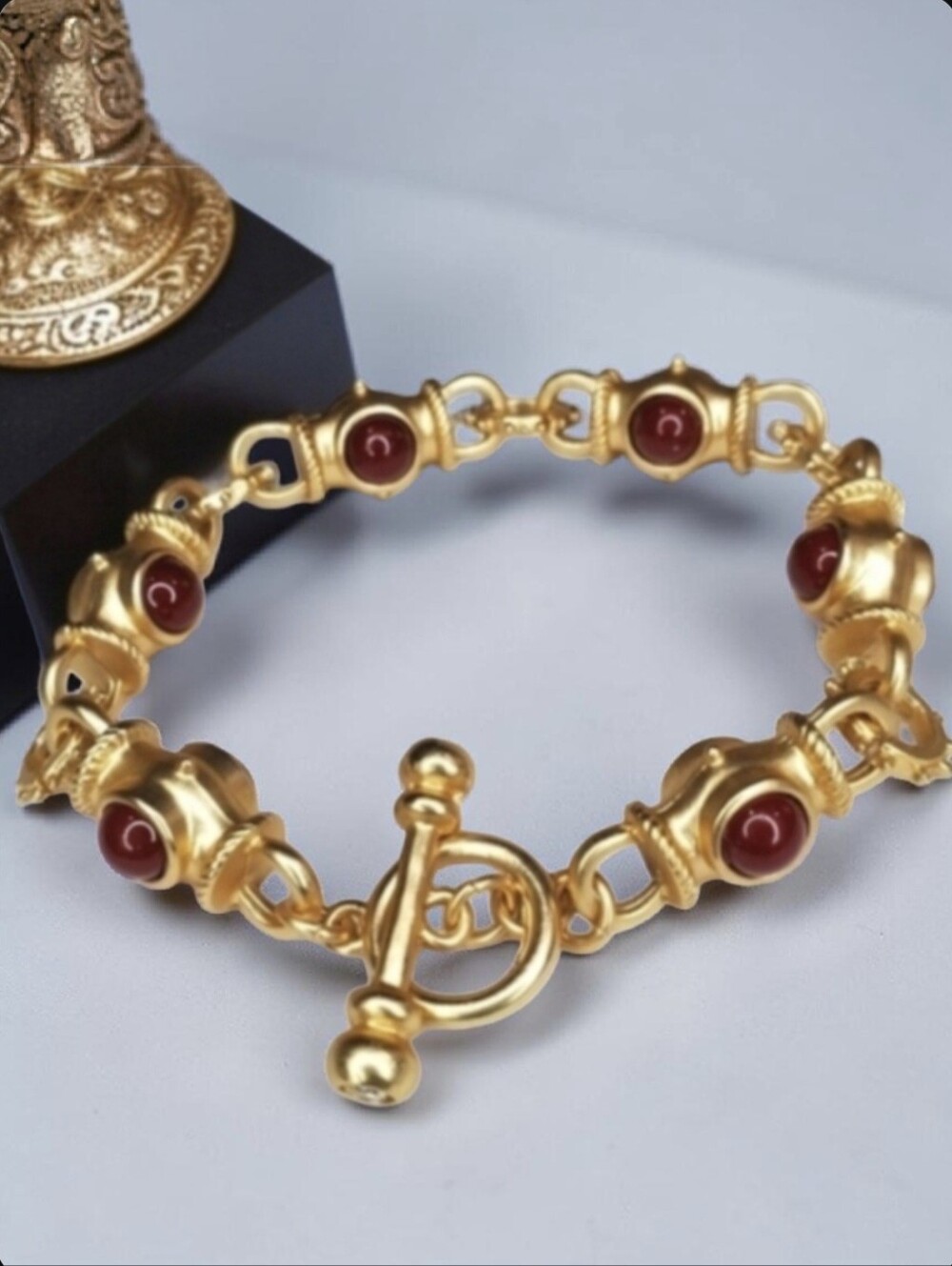 Matte Gold Byzantine Revival Garnet Cabochon Toggle Bracelet